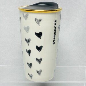 Starbucks 12 Oz Ceramic Travel Tumbler Mug Black Hearts Print Gold Rim
